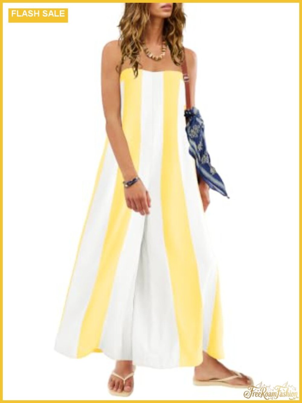 Womens Strapless Striped Wide Leg Jumpsuit Romper with Pockets Vacation Outfit